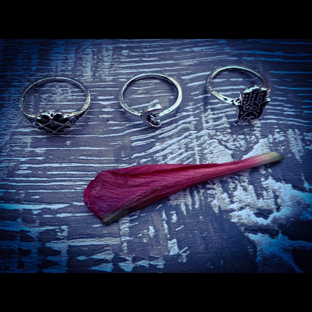 Bohemian set of 3 Rings 🌙 🤚 🌺 Silver - Picture 7 of 7